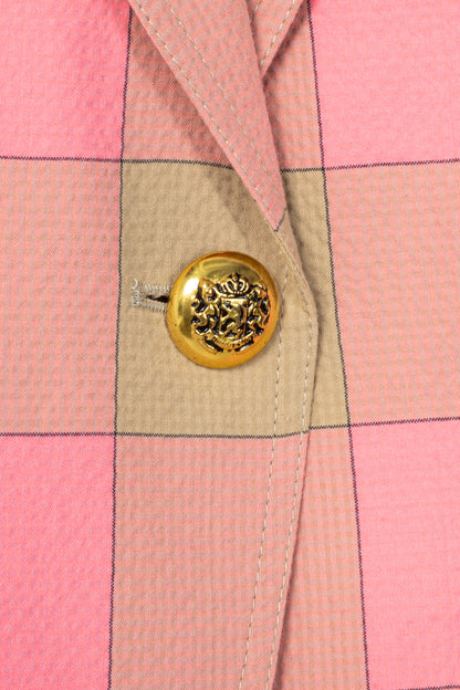 Smythe Pink Check Seersucker Pouf Sleeve One Button Blazer