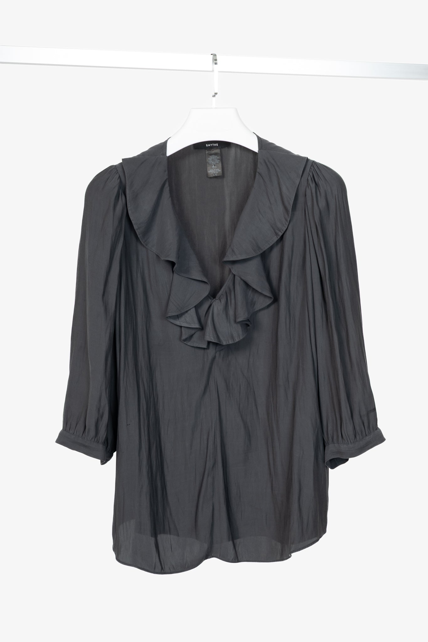 Smythe Carbon Matte-Satin Over-The-Head Ruffle Blouse