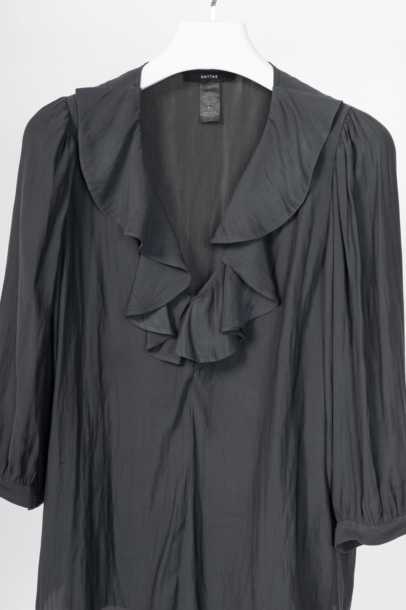 Smythe Carbon Matte-Satin Over-The-Head Ruffle Blouse