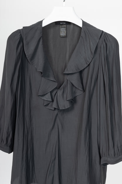 Smythe Carbon Matte-Satin Over-The-Head Ruffle Blouse