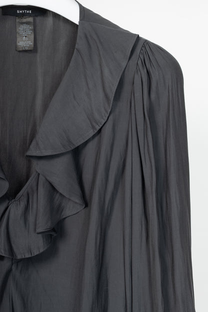 Smythe Carbon Matte-Satin Over-The-Head Ruffle Blouse