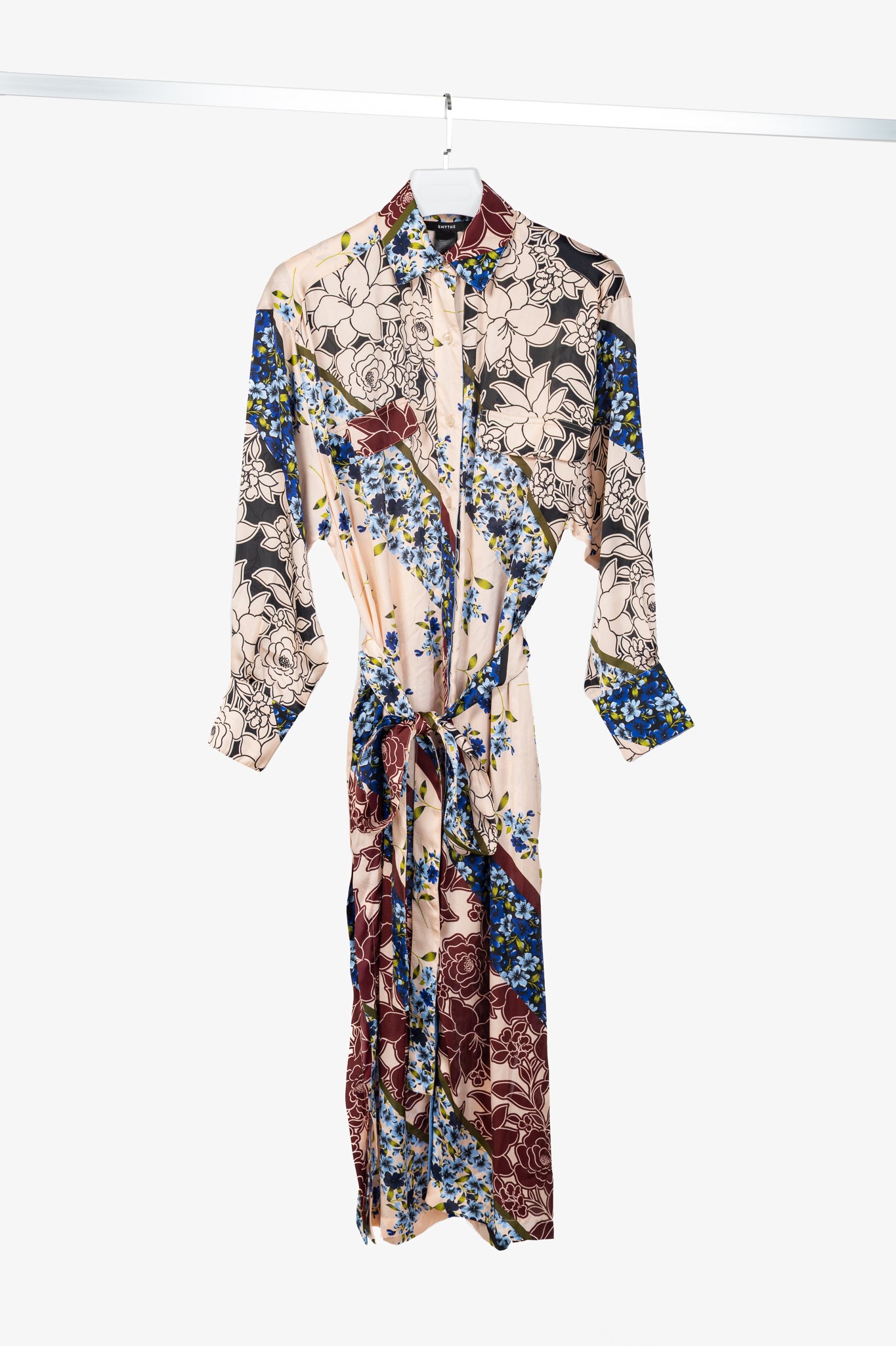 Smythe Multi Scarf Floral Print Belted Satin Shirt Dress