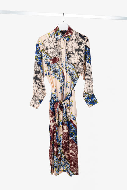 Smythe Multi Scarf Floral Print Belted Satin Shirt Dress
