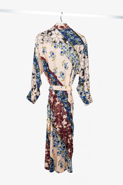 Smythe Multi Scarf Floral Print Belted Satin Shirt Dress