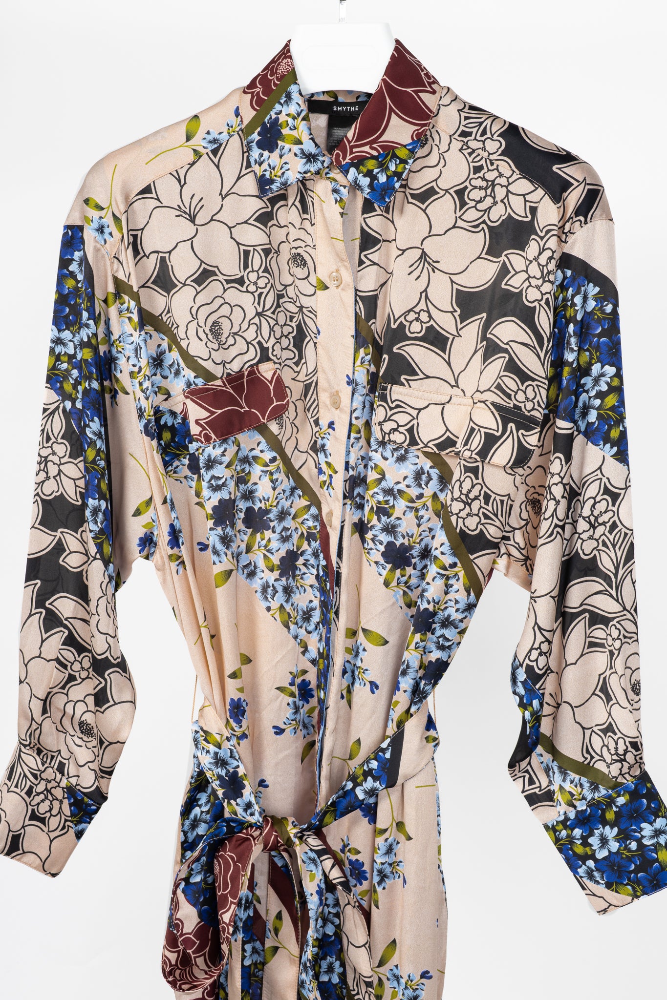 Smythe Multi Scarf Floral Print Belted Satin Shirt Dress