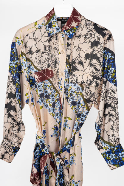 Smythe Multi Scarf Floral Print Belted Satin Shirt Dress