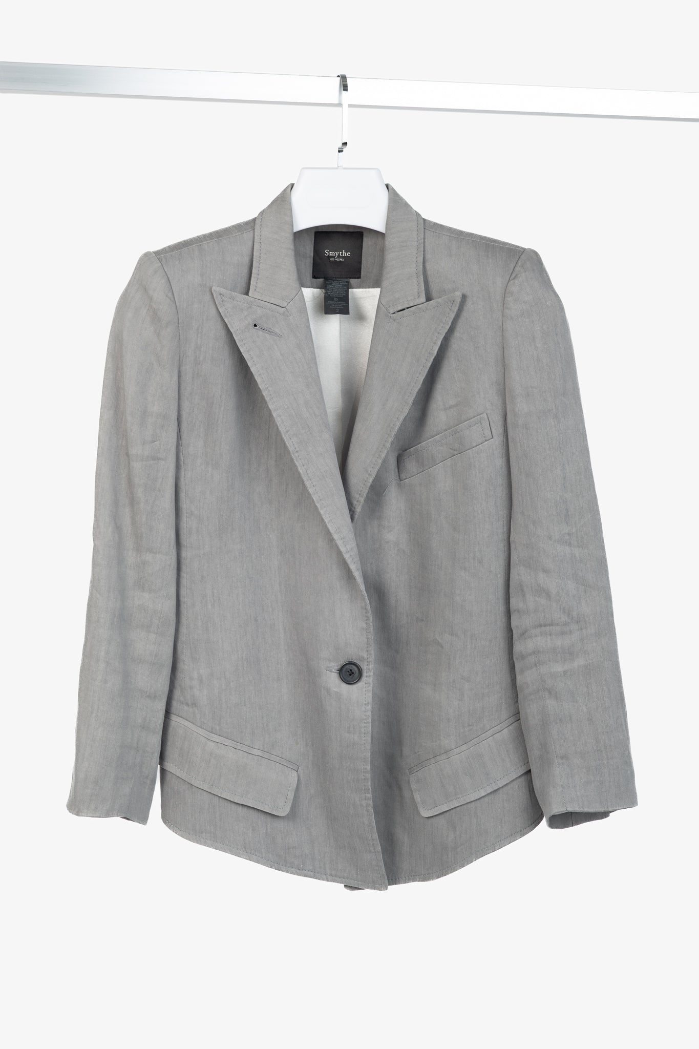 Smythe Sharp Shoulder Grey Linen-Blend 3/4-Sleeve Blazer