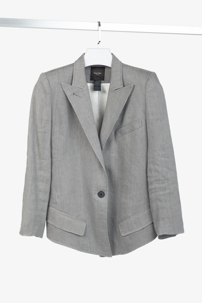 Smythe Sharp Shoulder Grey Linen-Blend 3/4-Sleeve Blazer