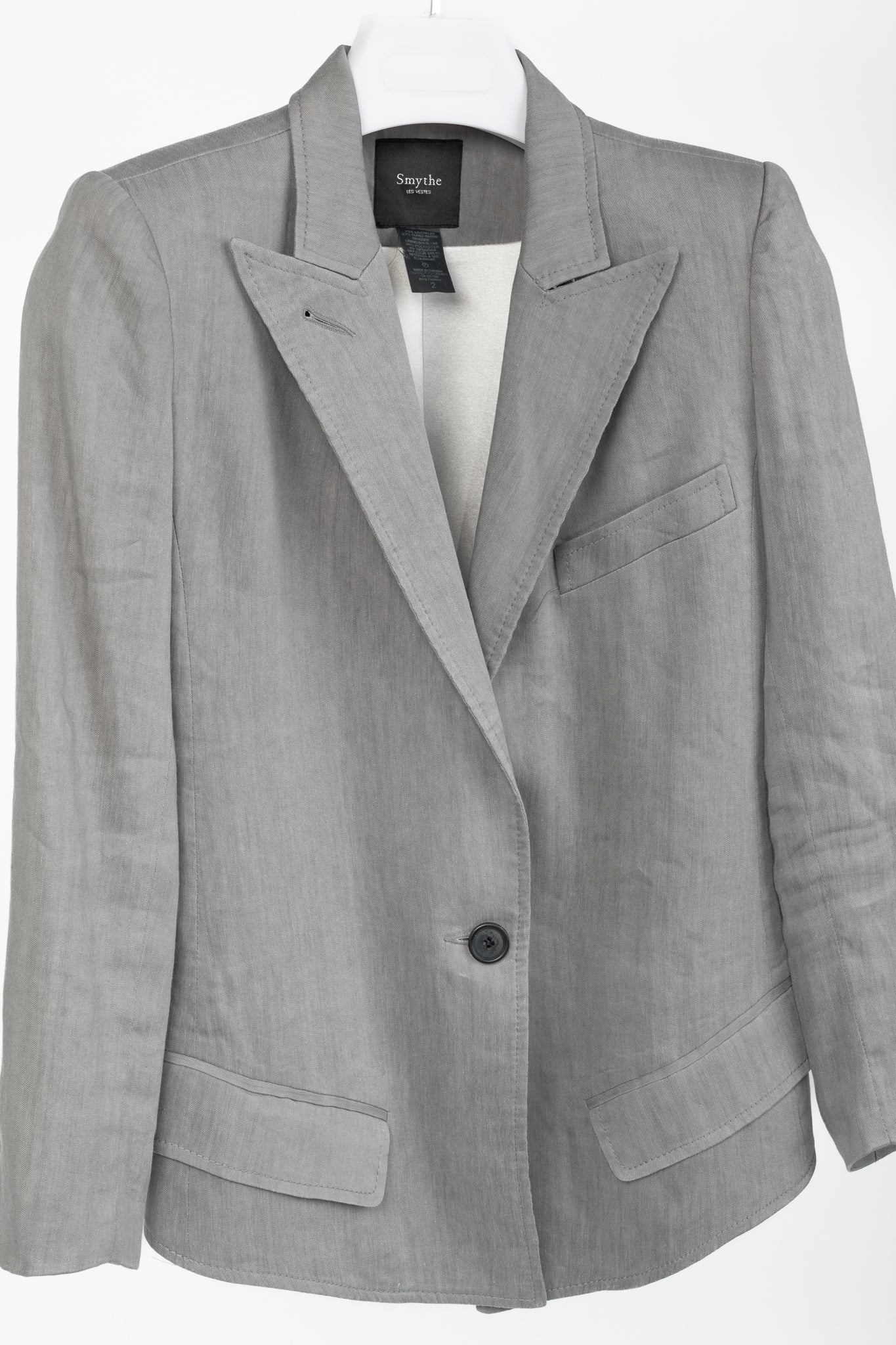 Smythe Sharp Shoulder Grey Linen-Blend 3/4-Sleeve Blazer