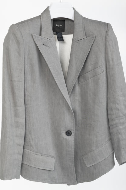 Smythe Sharp Shoulder Grey Linen-Blend 3/4-Sleeve Blazer