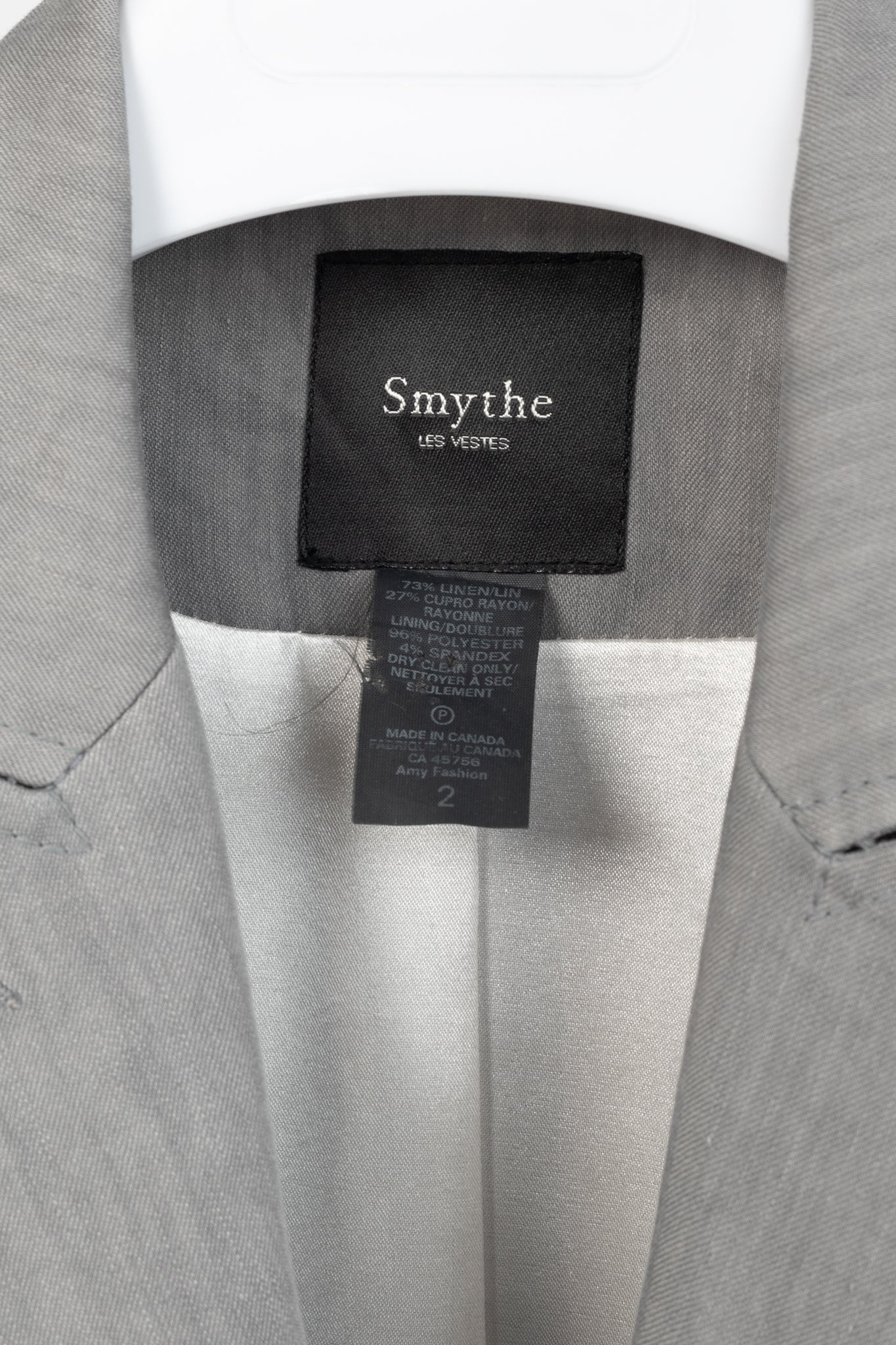 Smythe Sharp Shoulder Grey Linen-Blend 3/4-Sleeve Blazer