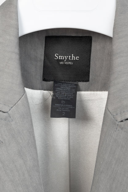 Smythe Sharp Shoulder Grey Linen-Blend 3/4-Sleeve Blazer