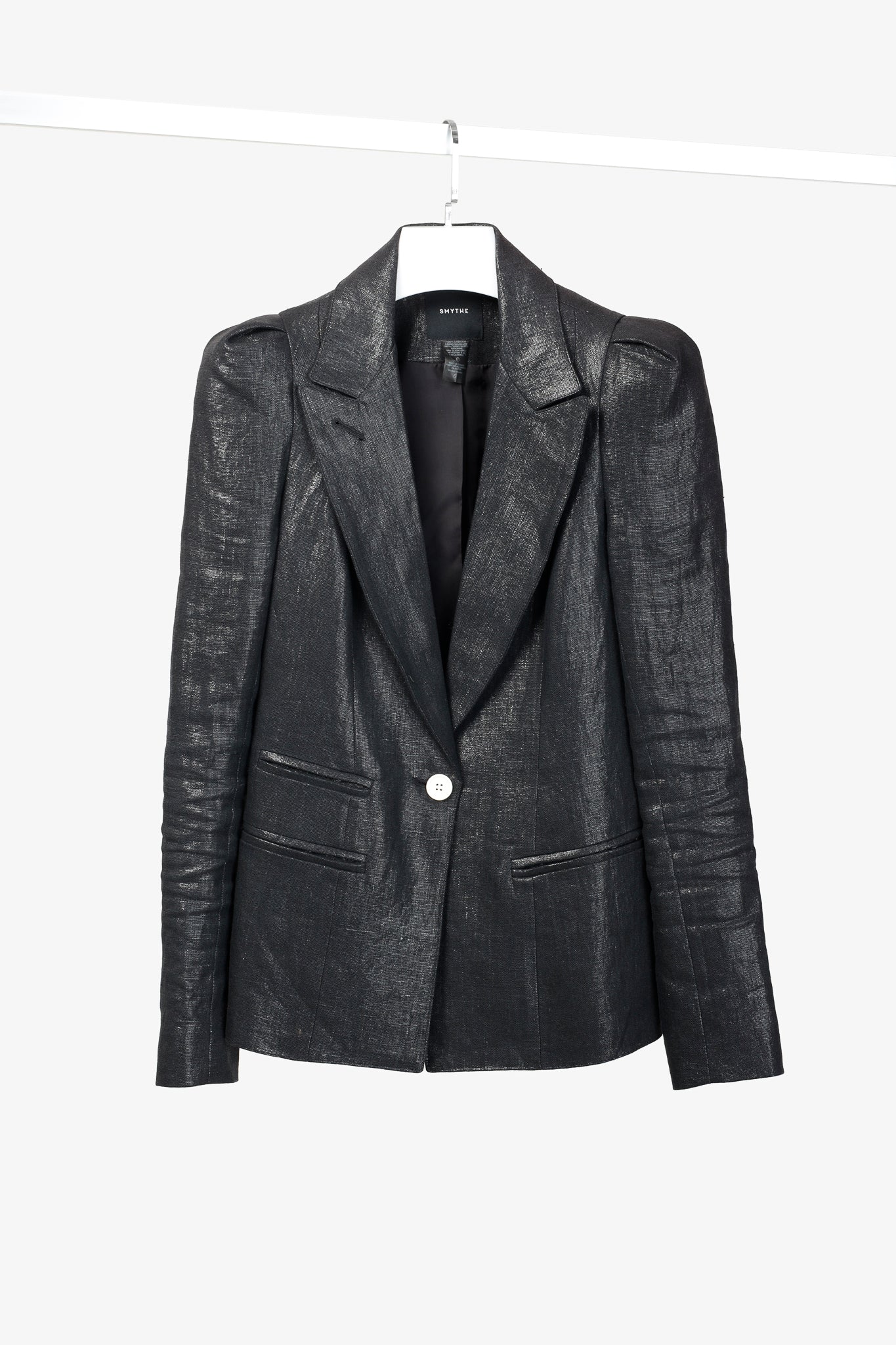 Smythe SS/18 Box Pleat Black Luster Linen Puff-Sleeve Blazer