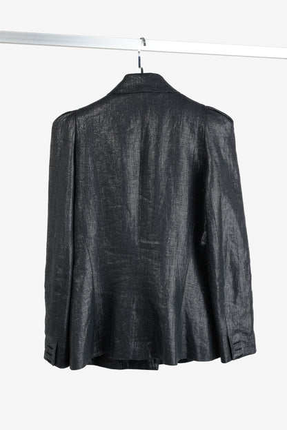 Smythe SS/18 Box Pleat Black Luster Linen Puff-Sleeve Blazer