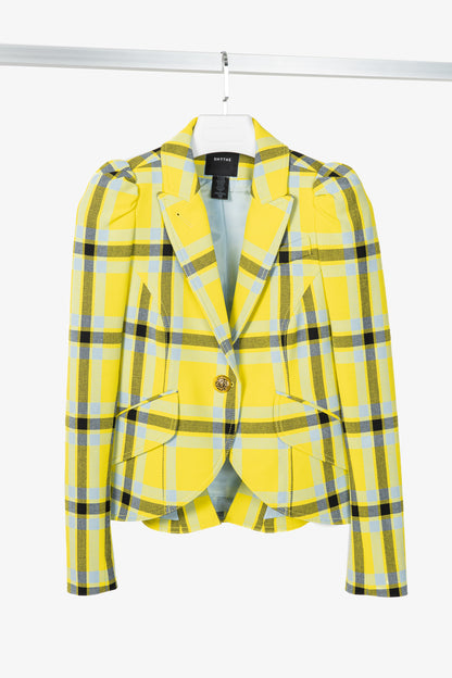 Smythe Lemon Plaid Pouf Sleeve One Button Blazer