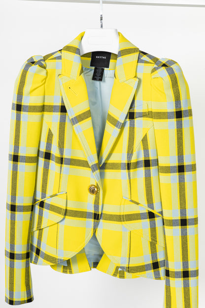 Smythe Lemon Plaid Pouf Sleeve One Button Blazer