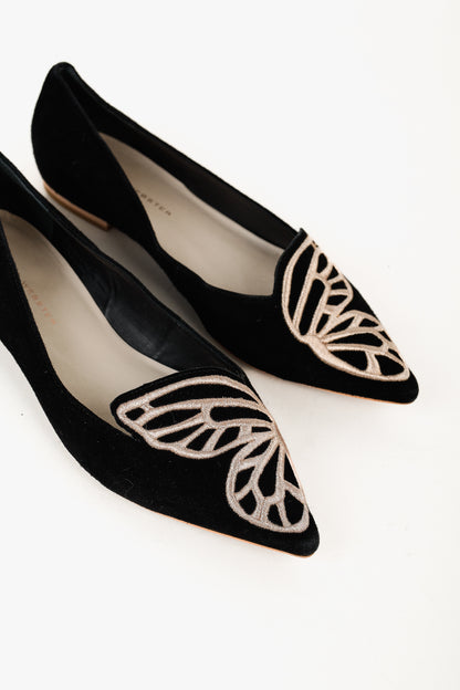 Sophia Webster Bibi Black & Rose Gold Butterfly Embroidered Suede Flats