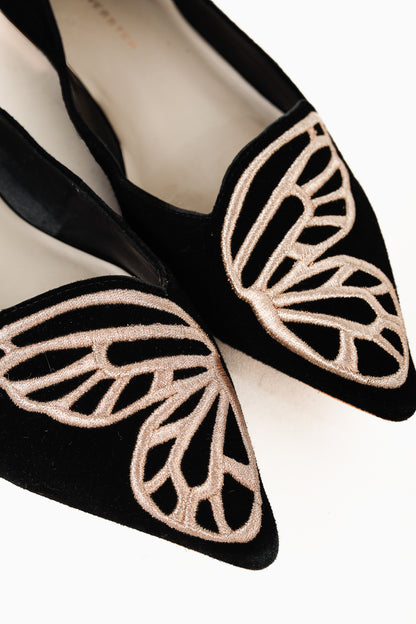 Sophia Webster Bibi Black & Rose Gold Butterfly Embroidered Suede Flats