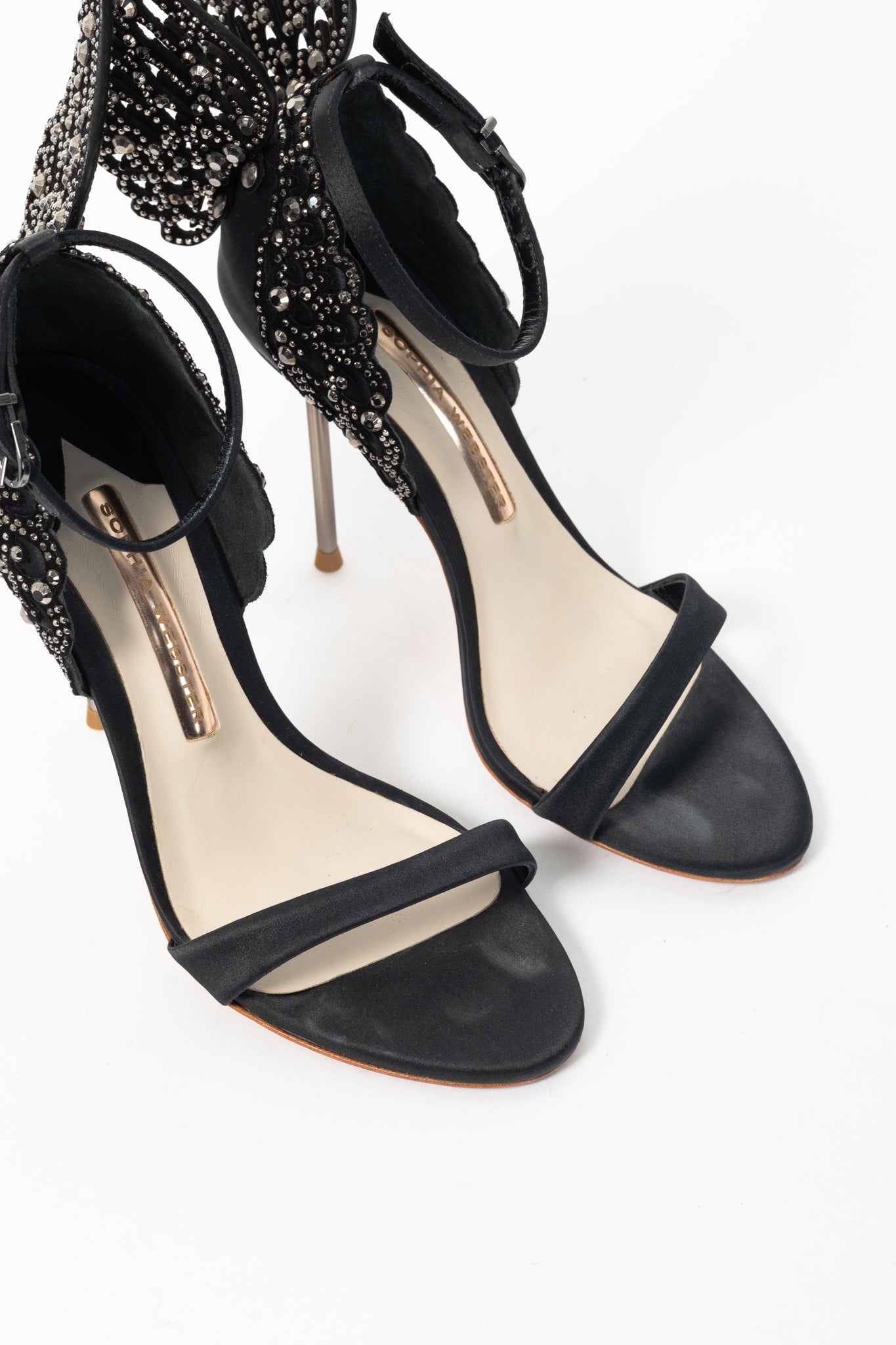 Sophia Webster Evangeline "Black" Crystal-Embellished Satin Sandals