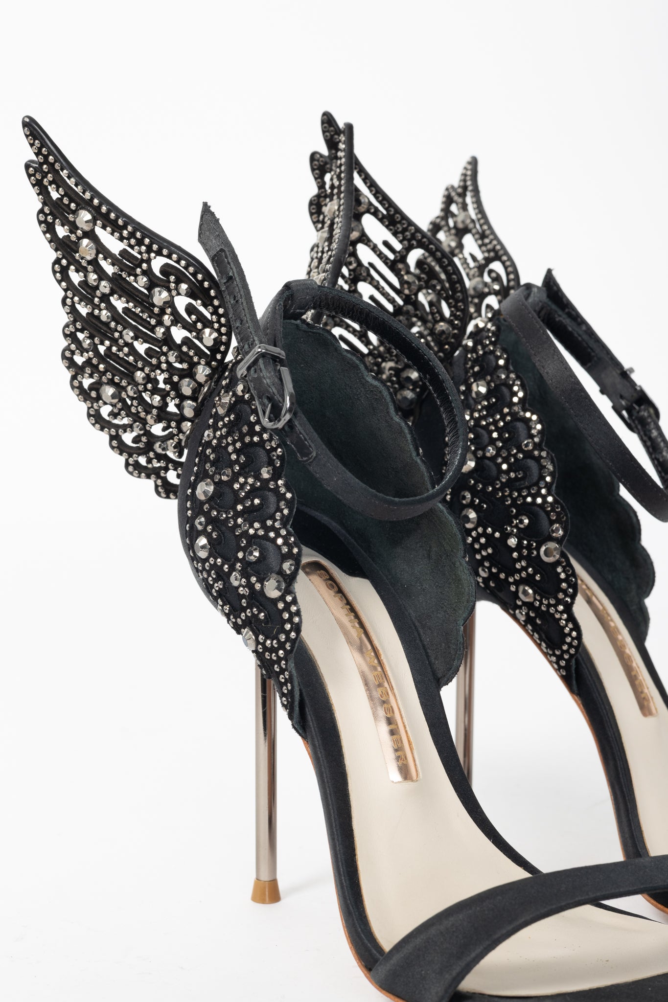 Sophia Webster Evangeline "Black" Crystal-Embellished Satin Sandals