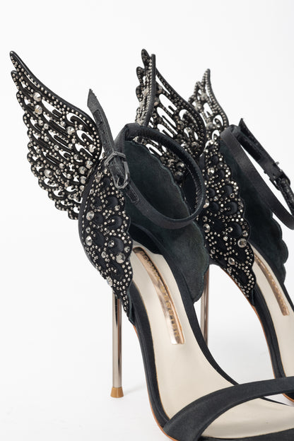Sophia Webster Evangeline "Black" Crystal-Embellished Satin Sandals