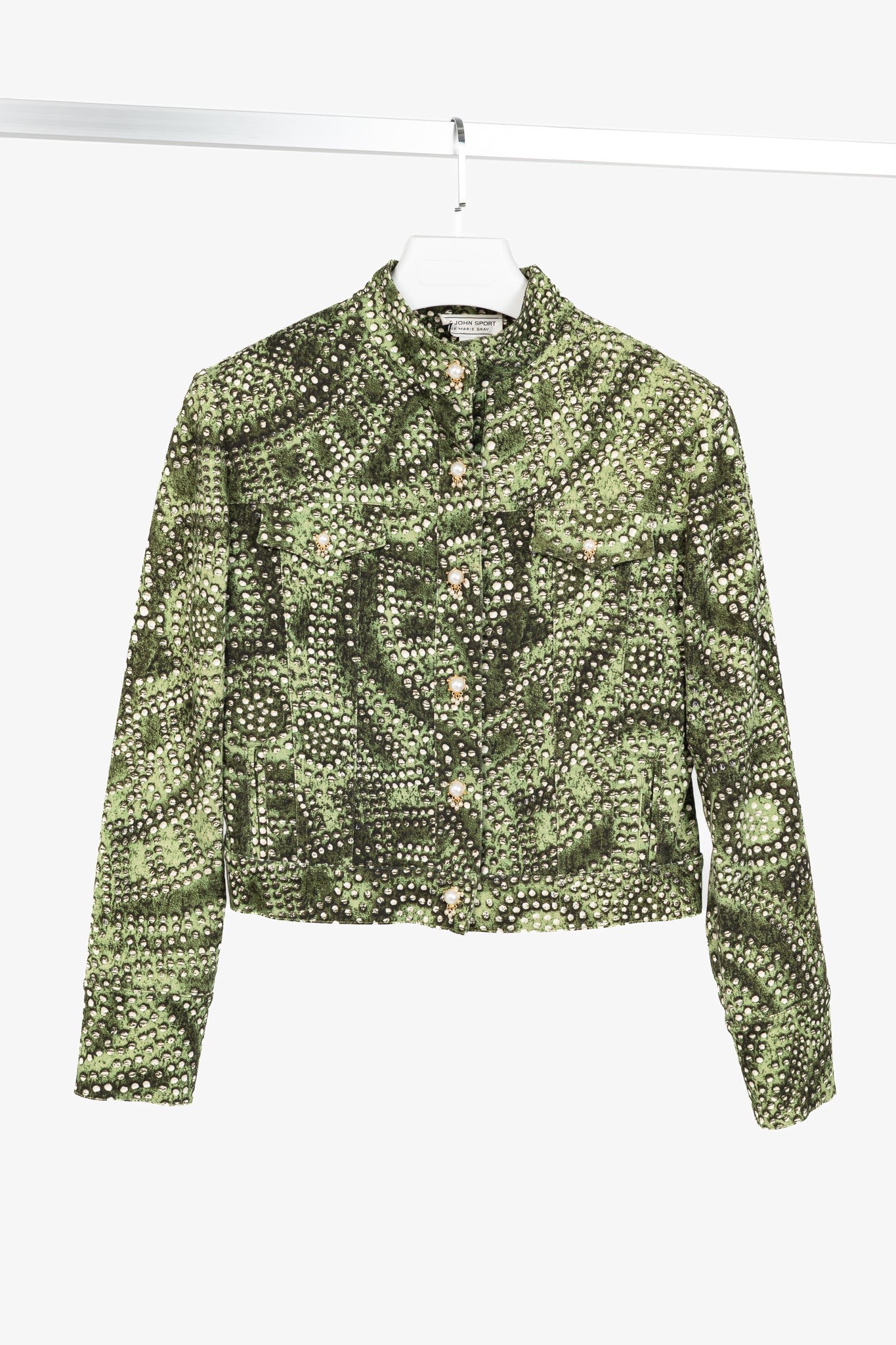 St. John Sport Green Dot-Print Cropped Denim Jacket