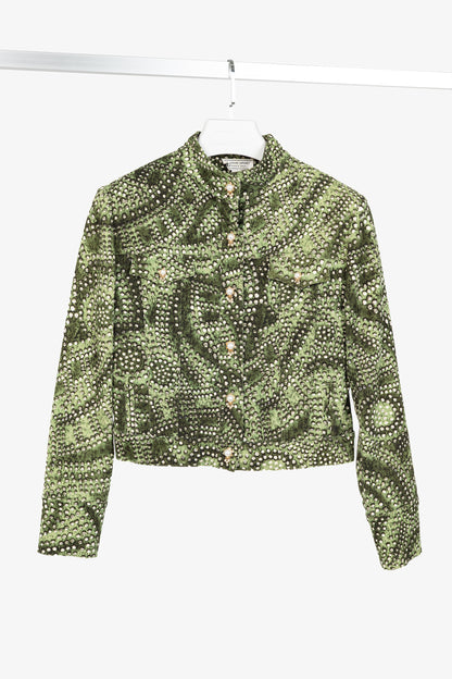 St. John Sport Green Dot-Print Cropped Denim Jacket