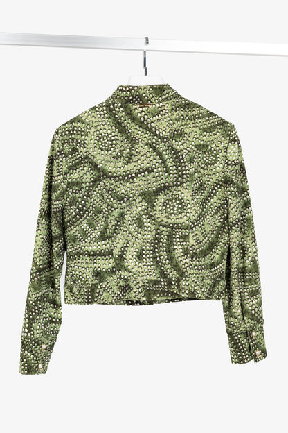 St. John Sport Green Dot-Print Cropped Denim Jacket