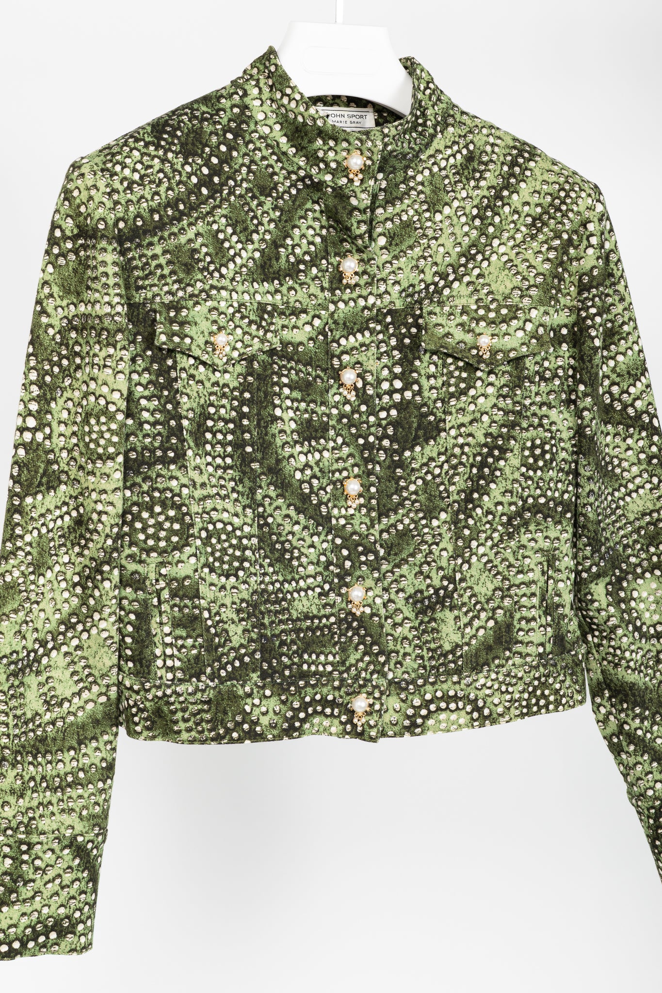 St. John Sport Green Dot-Print Cropped Denim Jacket