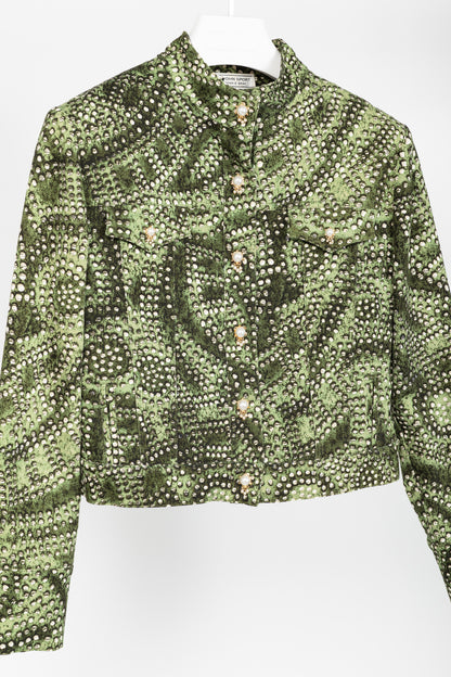 St. John Sport Green Dot-Print Cropped Denim Jacket