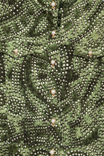 St. John Sport Green Dot-Print Cropped Denim Jacket