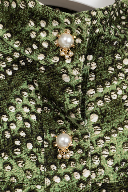 St. John Sport Green Dot-Print Cropped Denim Jacket