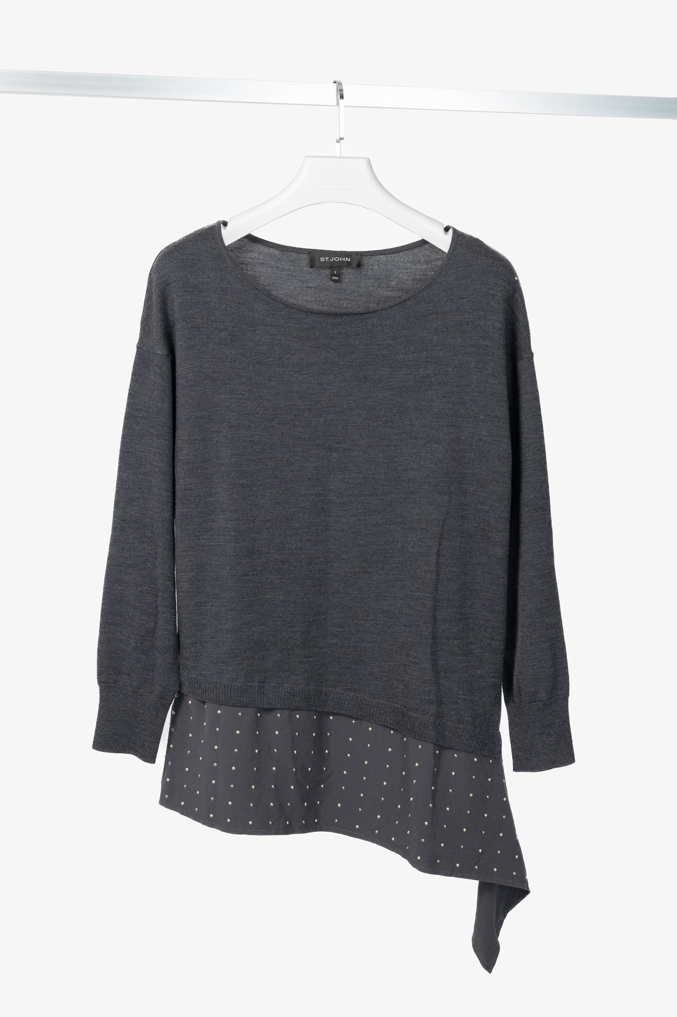 St. John R18 Grey Wool Asymmetrical Studded-Hem Sweater