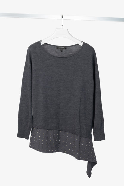 St. John R18 Grey Wool Asymmetrical Studded-Hem Sweater