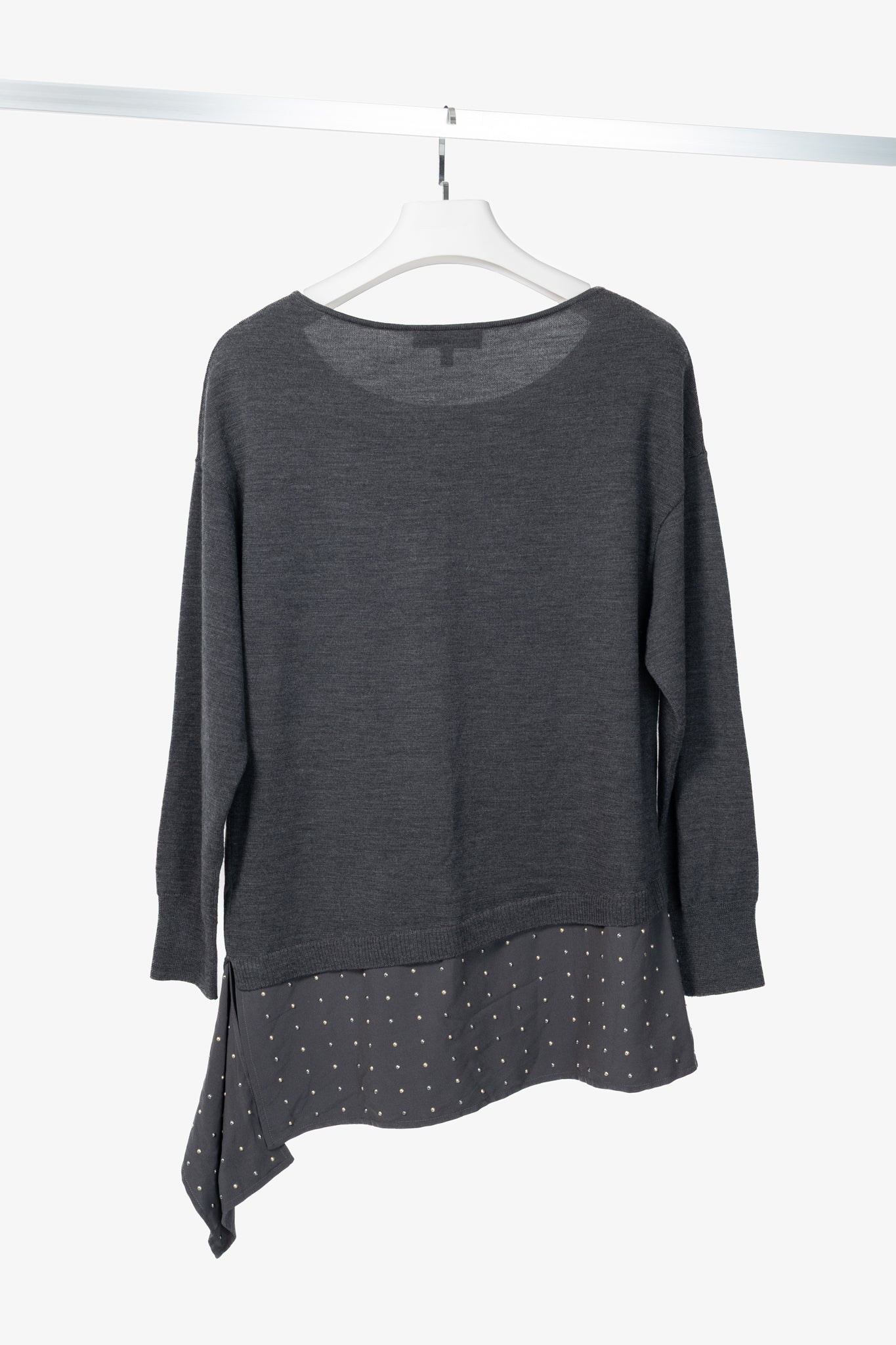 St. John R18 Grey Wool Asymmetrical Studded-Hem Sweater
