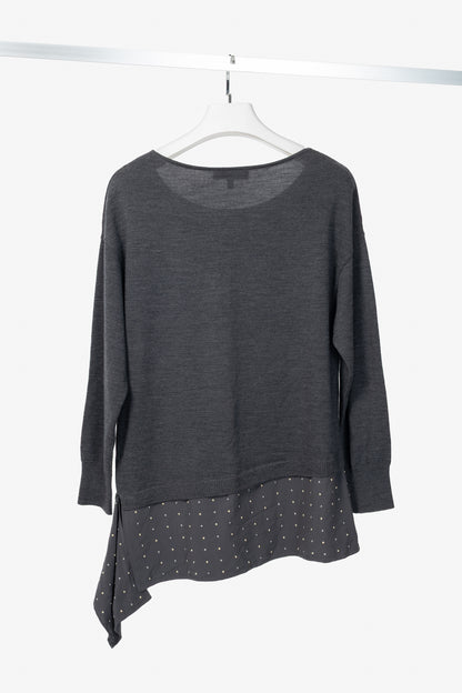 St. John R18 Grey Wool Asymmetrical Studded-Hem Sweater