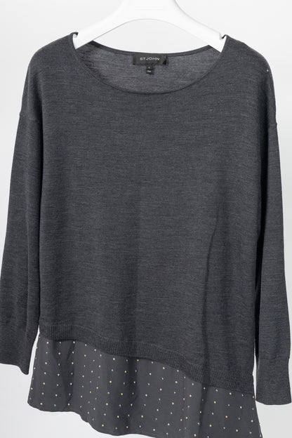 St. John R18 Grey Wool Asymmetrical Studded-Hem Sweater