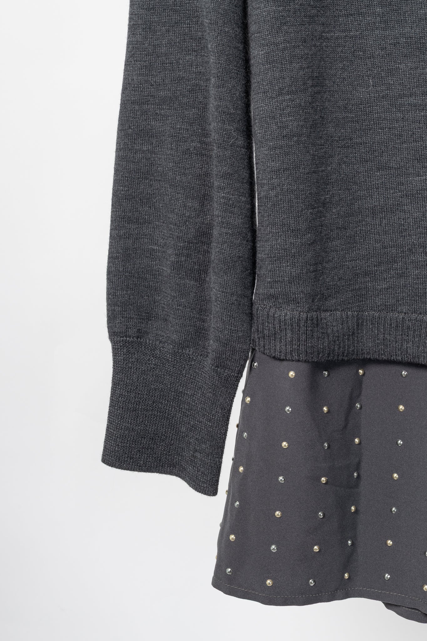 St. John R18 Grey Wool Asymmetrical Studded-Hem Sweater