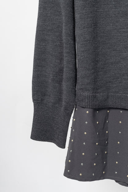 St. John R18 Grey Wool Asymmetrical Studded-Hem Sweater