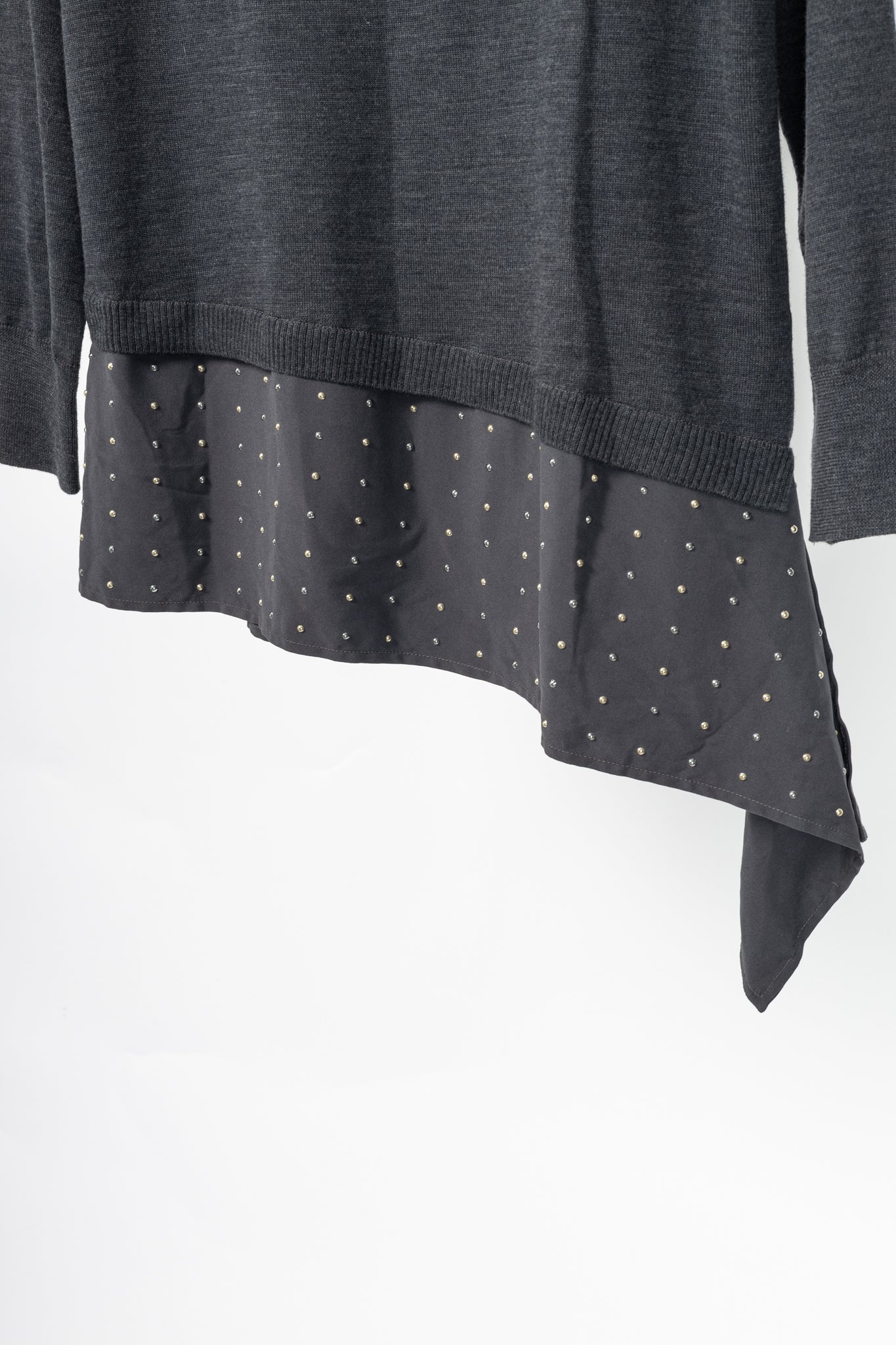 St. John R18 Grey Wool Asymmetrical Studded-Hem Sweater