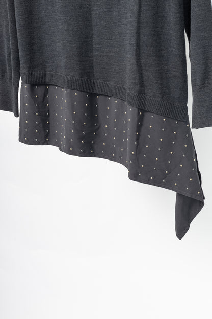 St. John R18 Grey Wool Asymmetrical Studded-Hem Sweater