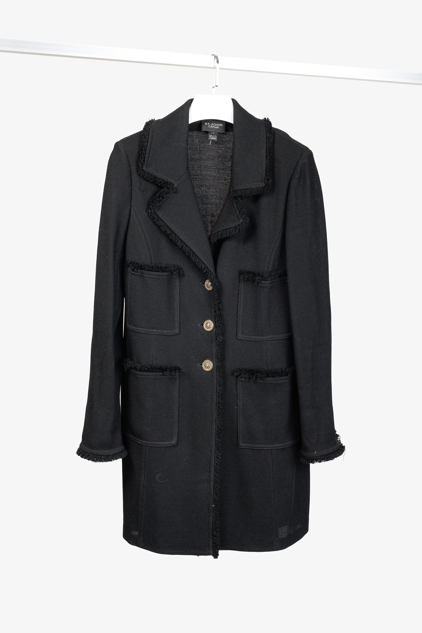 St. John Caviar Black Fringed Wool-Blend Milano Piqué Knit Coat