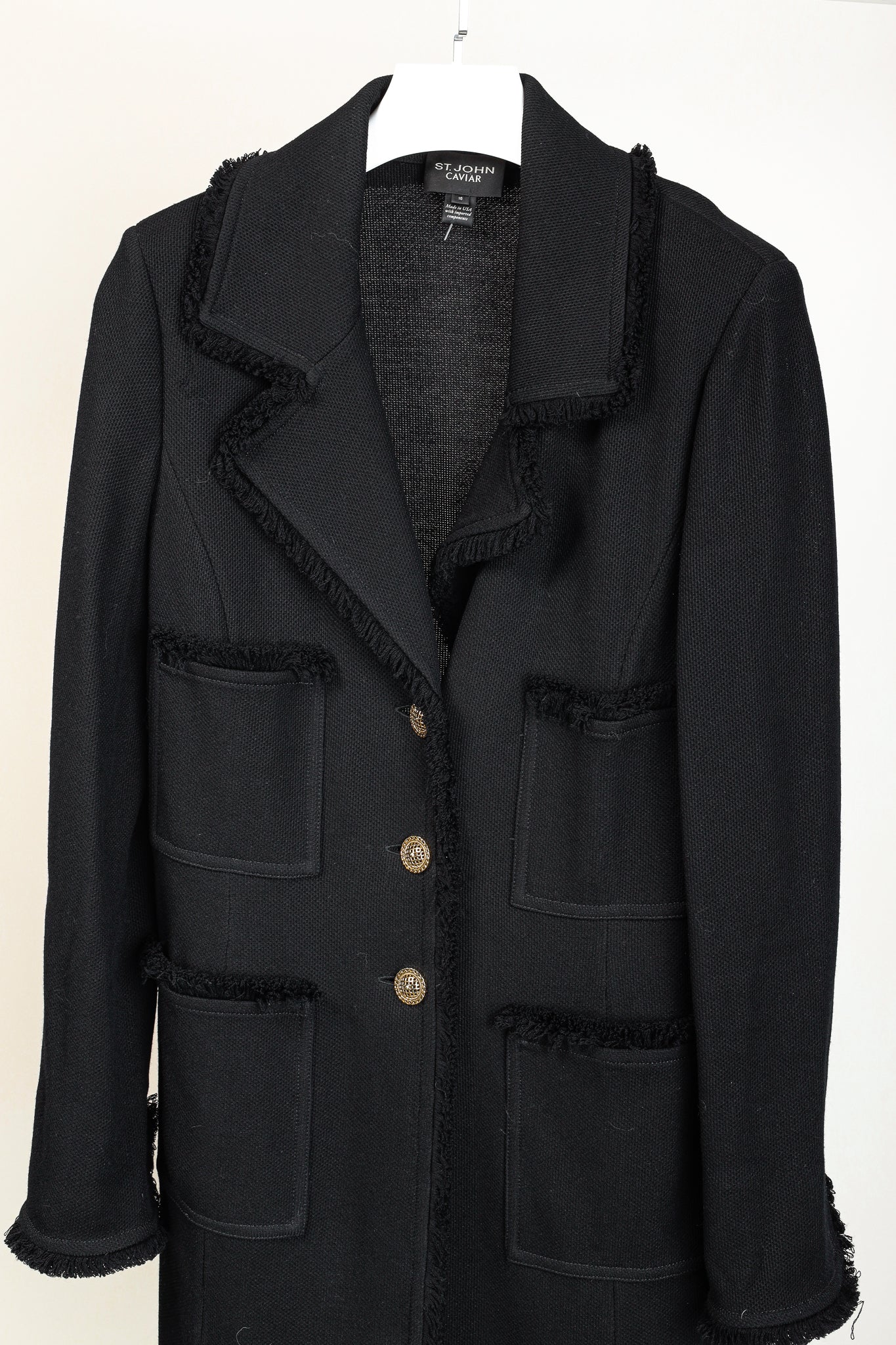 St. John Caviar Black Fringed Wool-Blend Milano Piqué Knit Coat