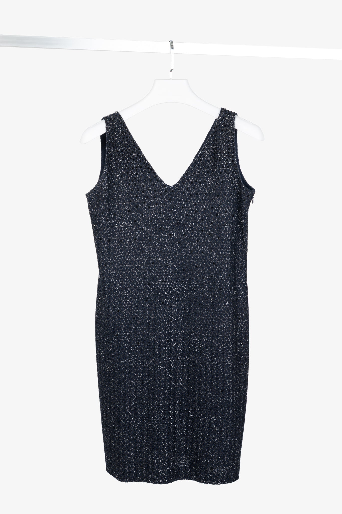 St. John Couture Navy Metallic-Knit Rhinestone-Embellished Sleeveless Dress