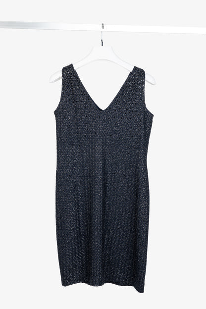 St. John Couture Navy Metallic-Knit Rhinestone-Embellished Sleeveless Dress