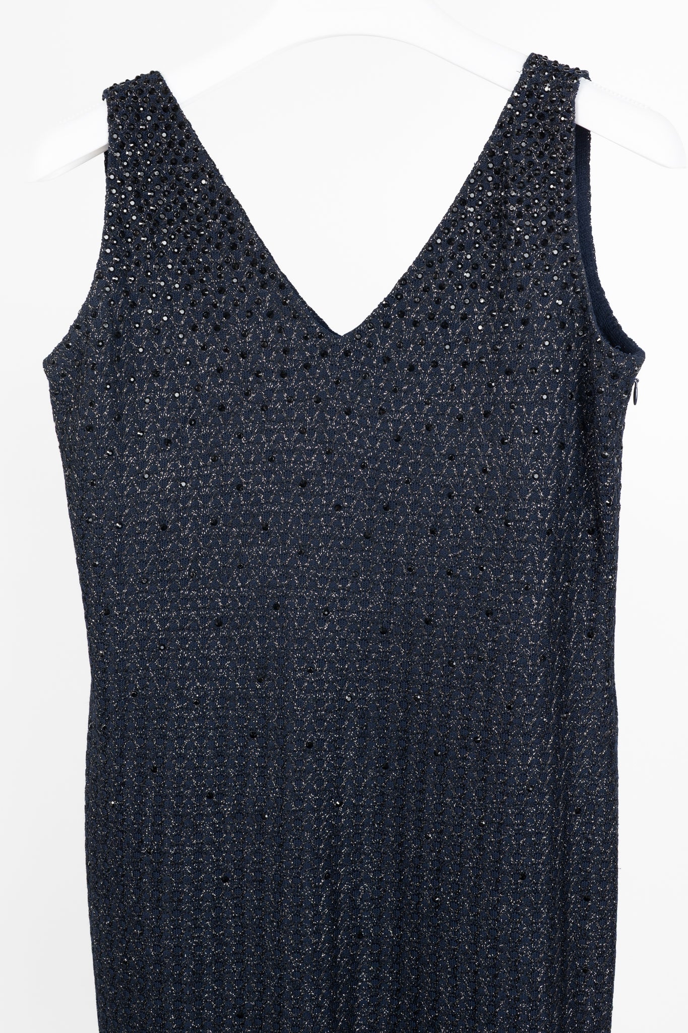 St. John Couture Navy Metallic-Knit Rhinestone-Embellished Sleeveless Dress