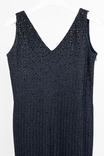 St. John Couture Navy Metallic-Knit Rhinestone-Embellished Sleeveless Dress