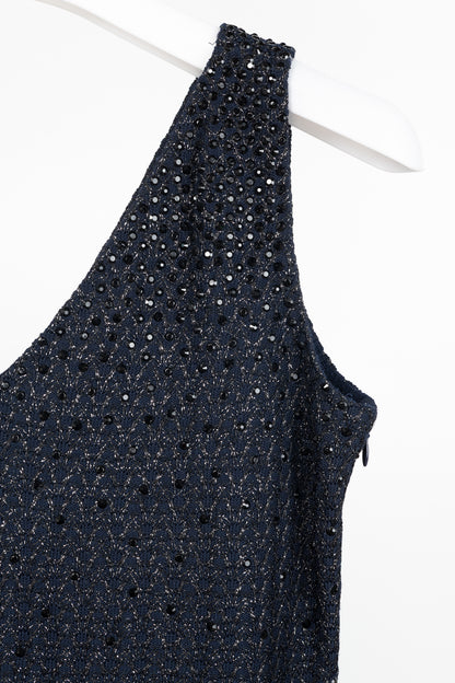 St. John Couture Navy Metallic-Knit Rhinestone-Embellished Sleeveless Dress
