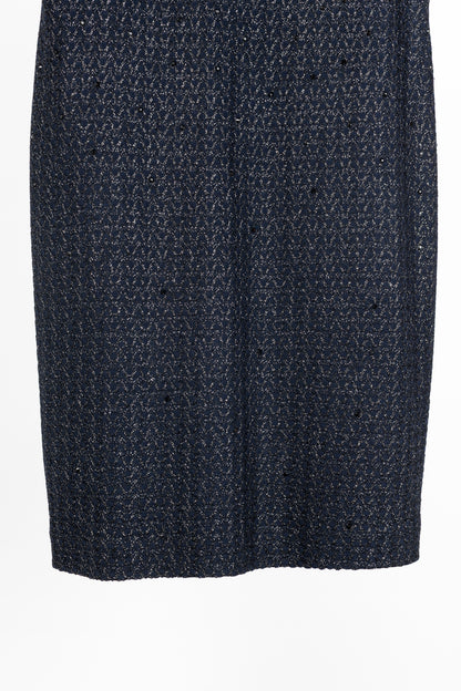 St. John Couture Navy Metallic-Knit Rhinestone-Embellished Sleeveless Dress