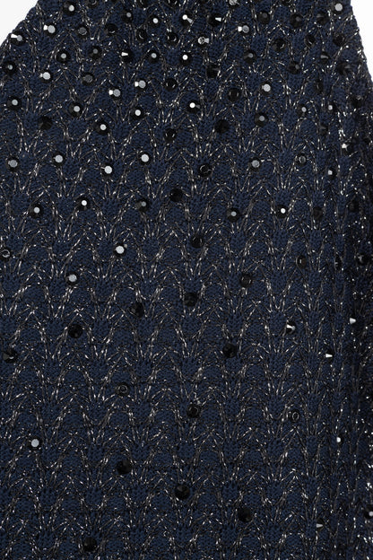 St. John Couture Navy Metallic-Knit Rhinestone-Embellished Sleeveless Dress